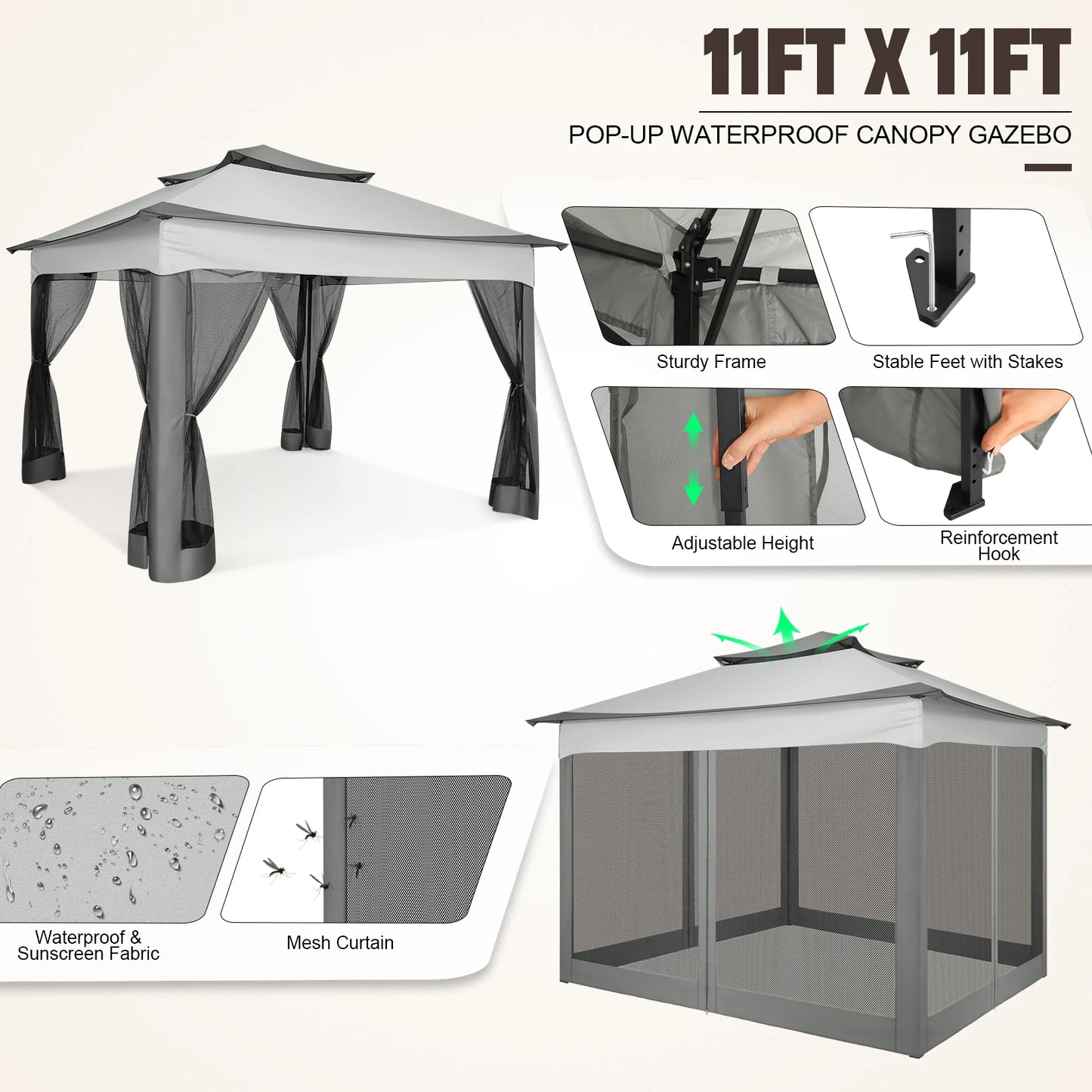 11x11ft Pop Up Gazebo With Mosquito Netting