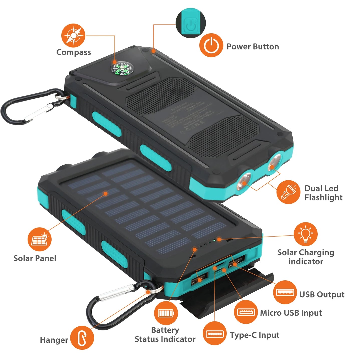 Solar Power Bank Dual 5V USB Ports 2 LED Flashlight
