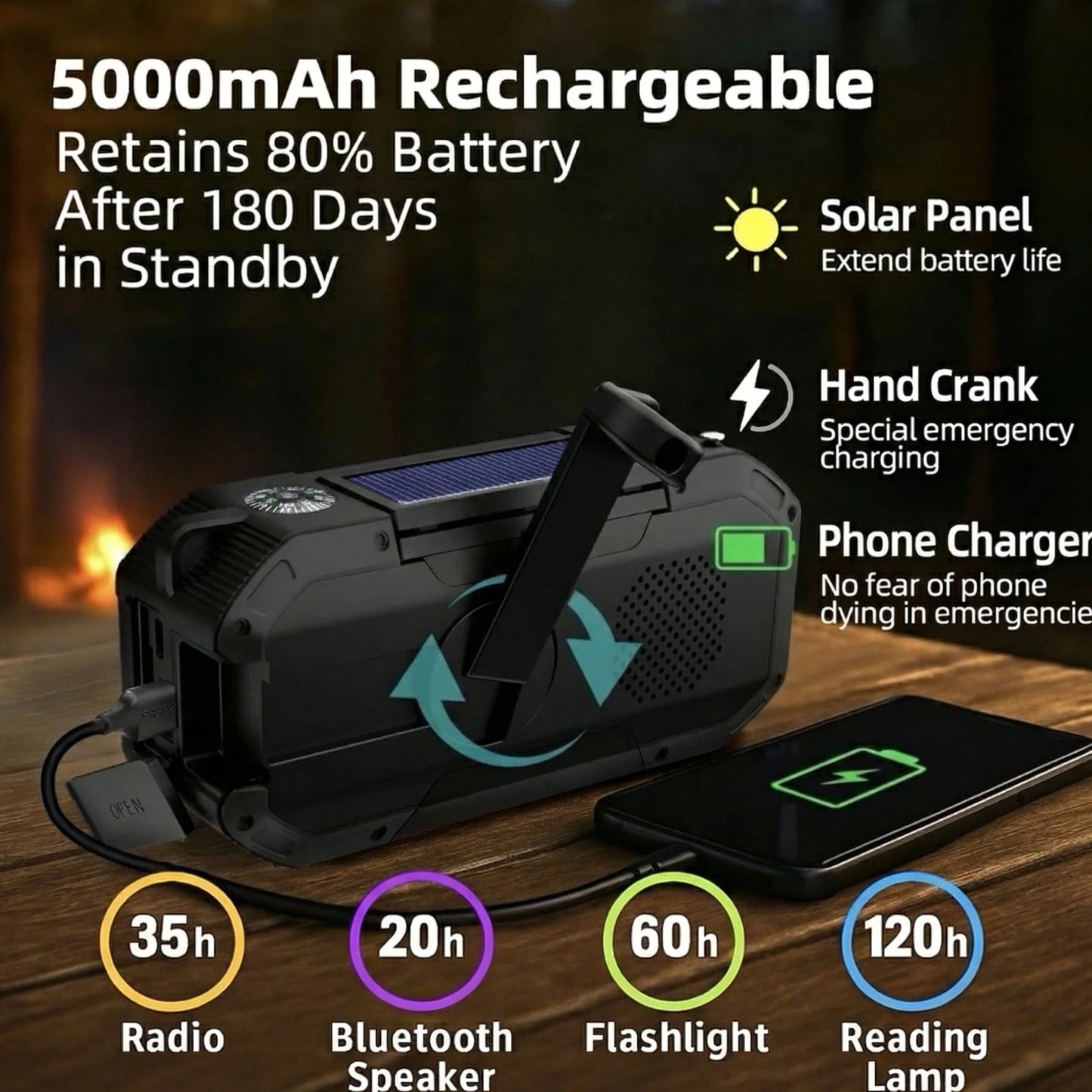 Emergency Solar Weather Radio 5000mAh Power
