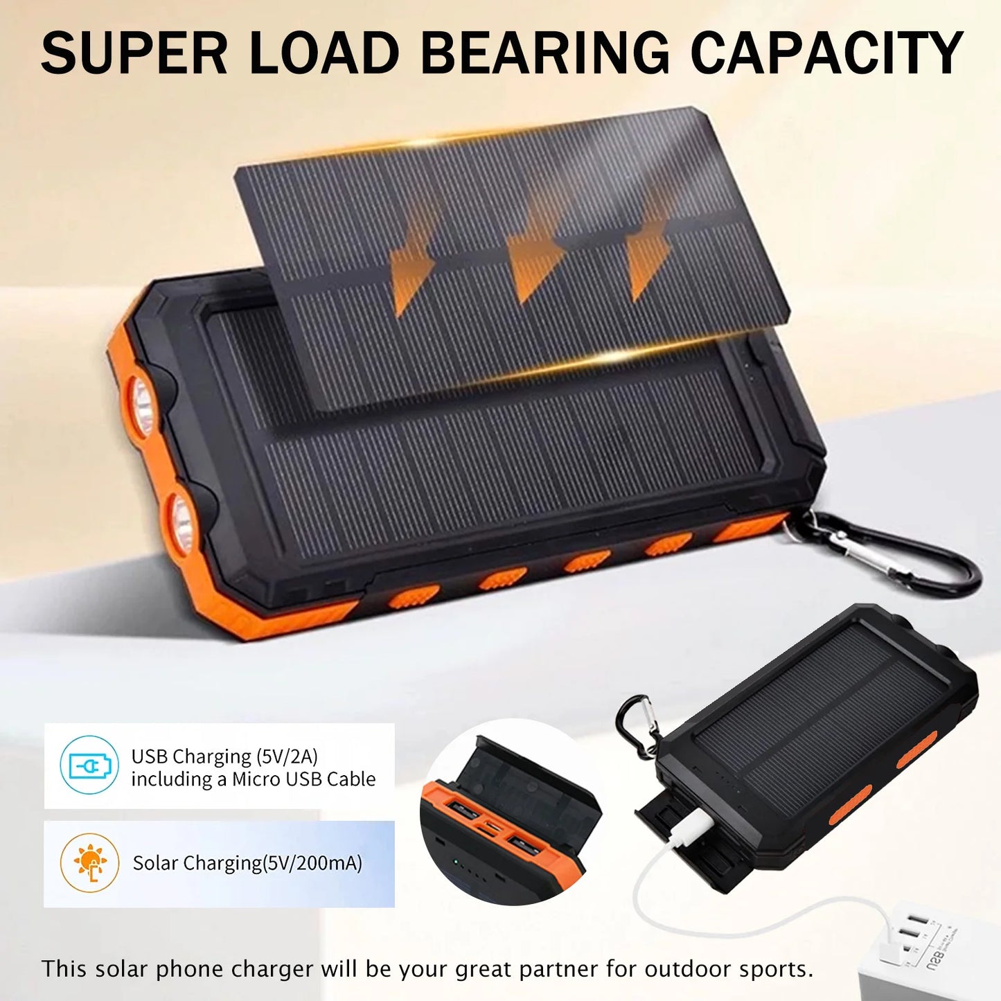 Solar Power Bank Dual 5V USB Ports 2 LED Flashlight