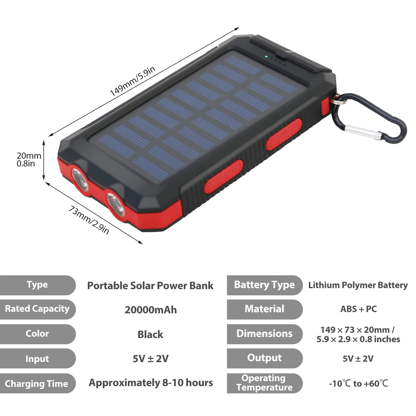 Solar Power Bank Dual 5V USB Ports 2 LED Flashlight