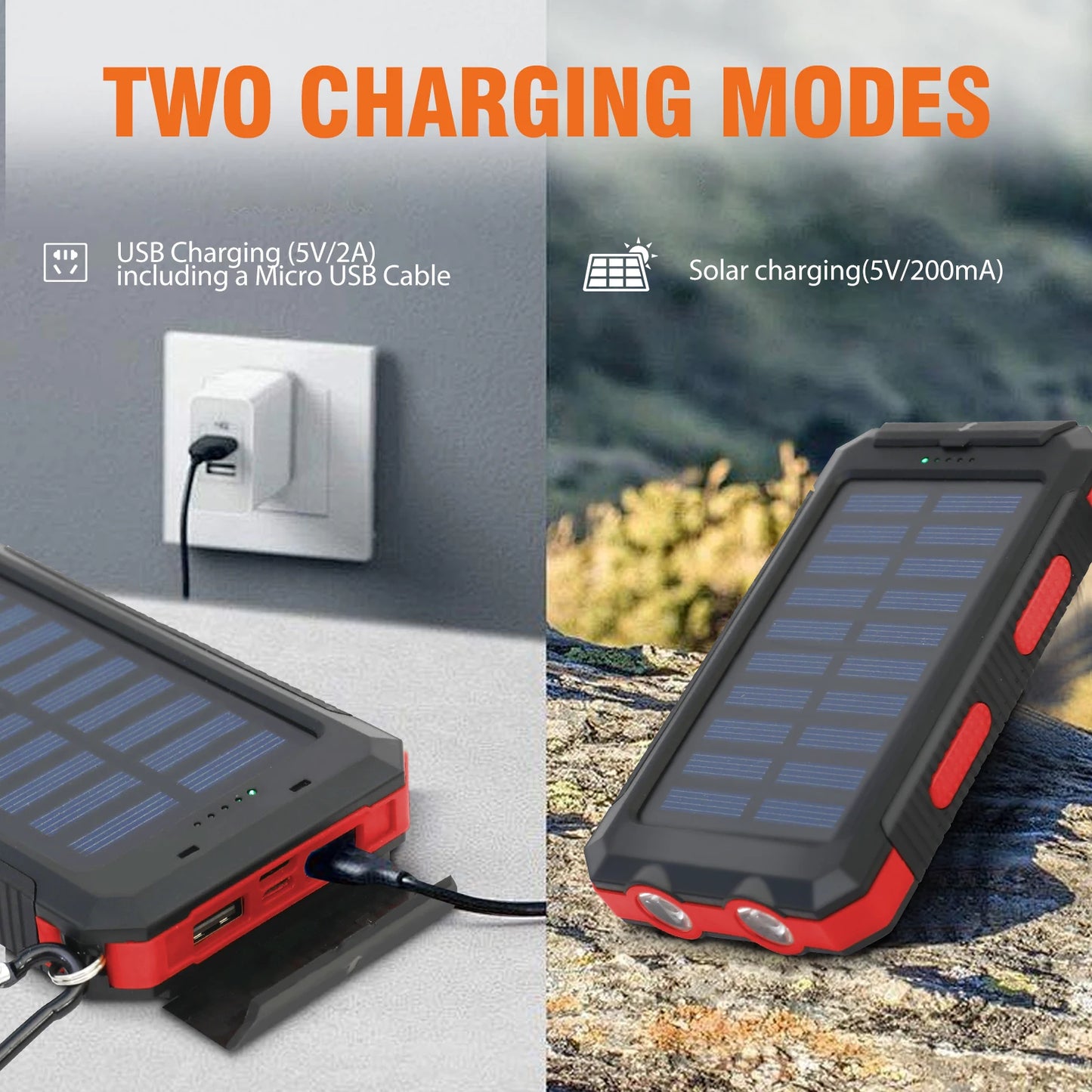 Solar Power Bank Dual 5V USB Ports 2 LED Flashlight