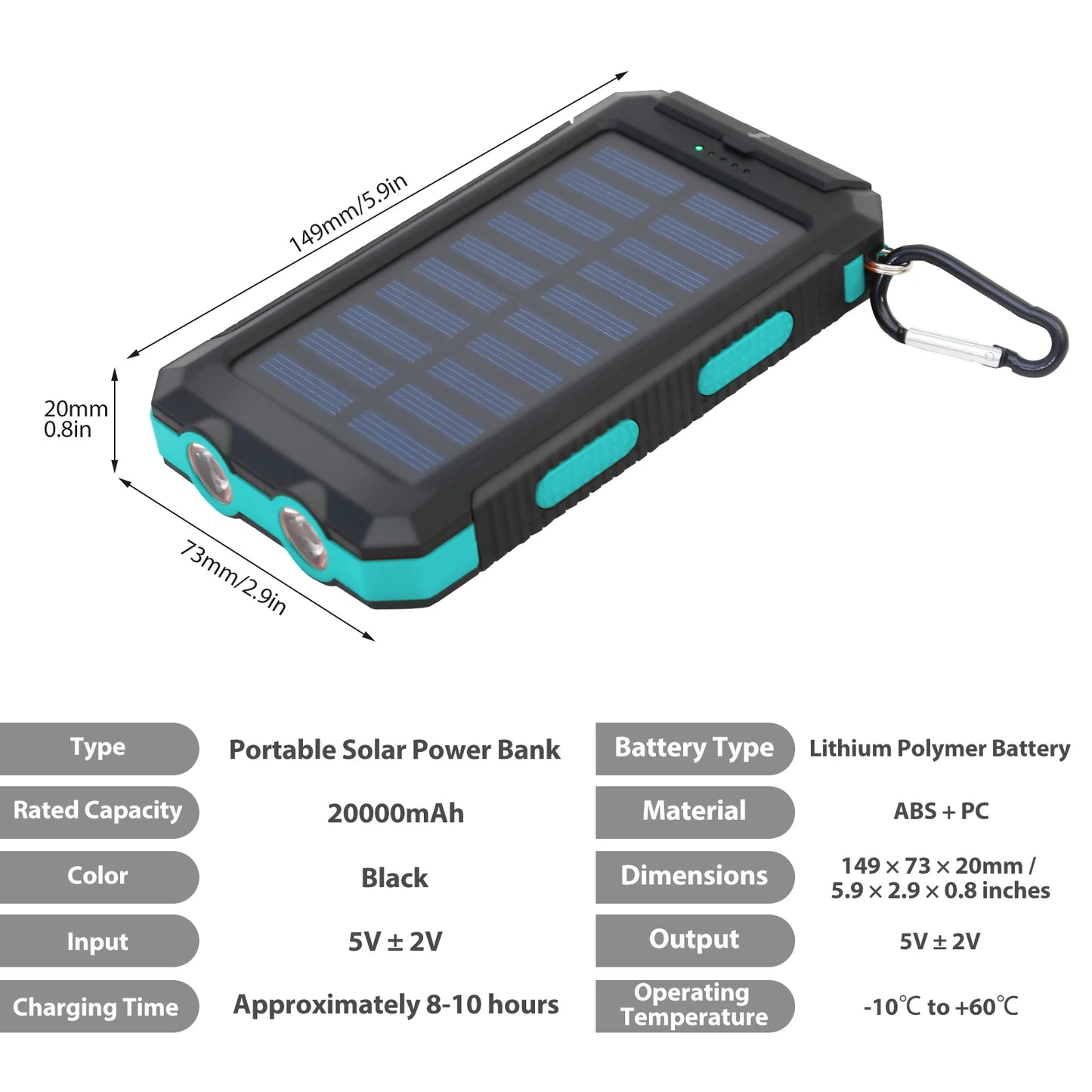 Solar Power Bank Dual 5V USB Ports 2 LED Flashlight