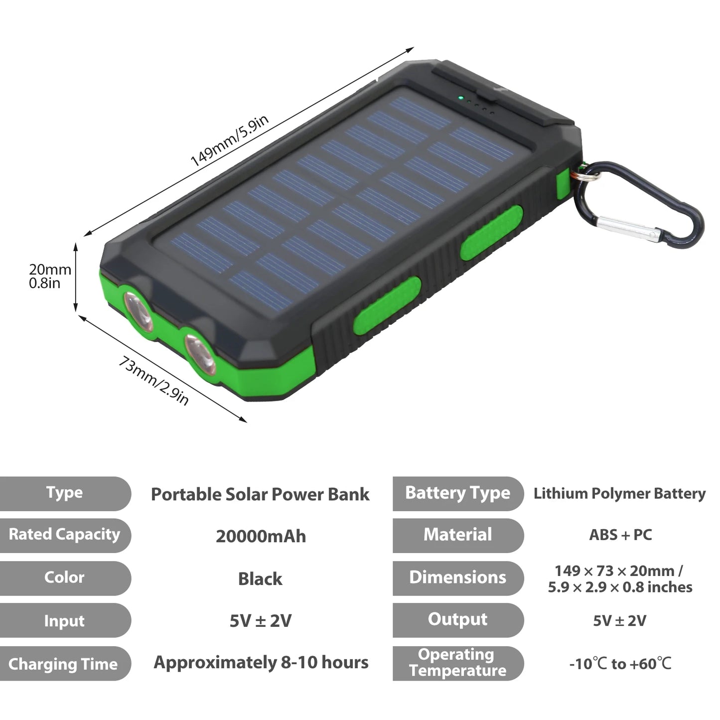 Solar Power Bank Dual 5V USB Ports 2 LED Flashlight
