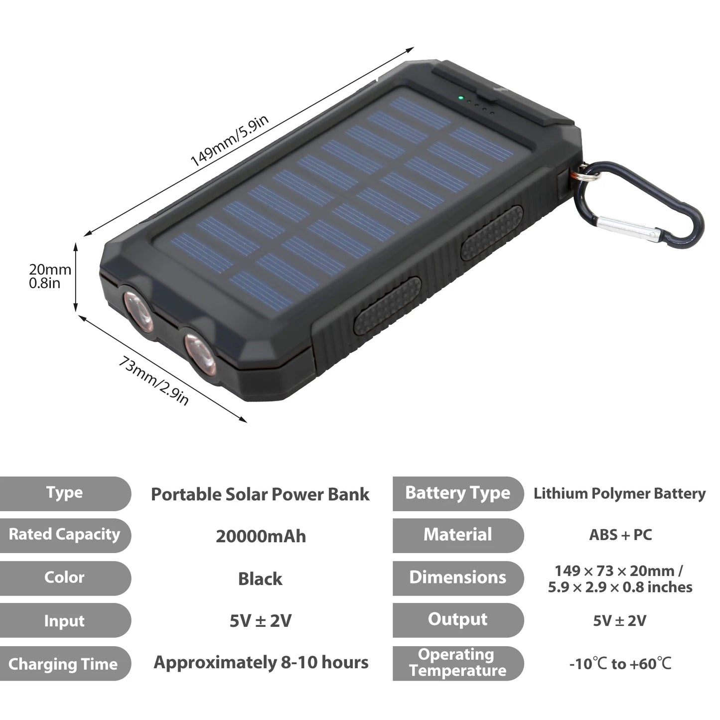 Solar Power Bank Dual 5V USB Ports 2 LED Flashlight