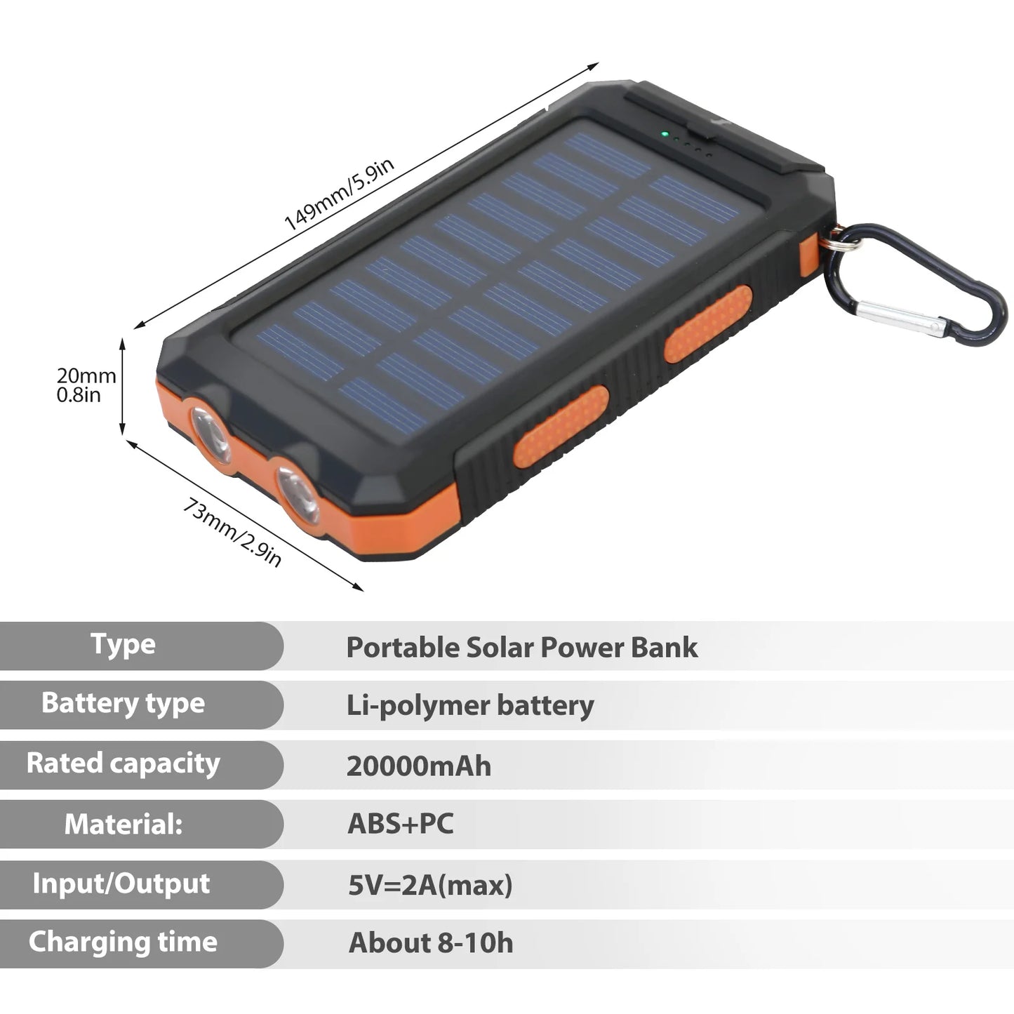 Solar Power Bank Dual 5V USB Ports 2 LED Flashlight