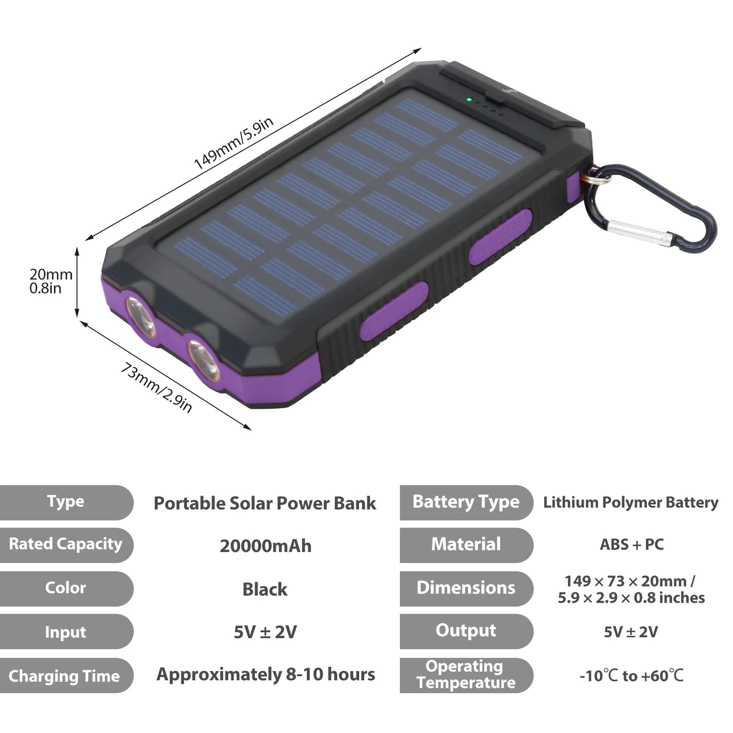 Solar Power Bank Dual 5V USB Ports 2 LED Flashlight