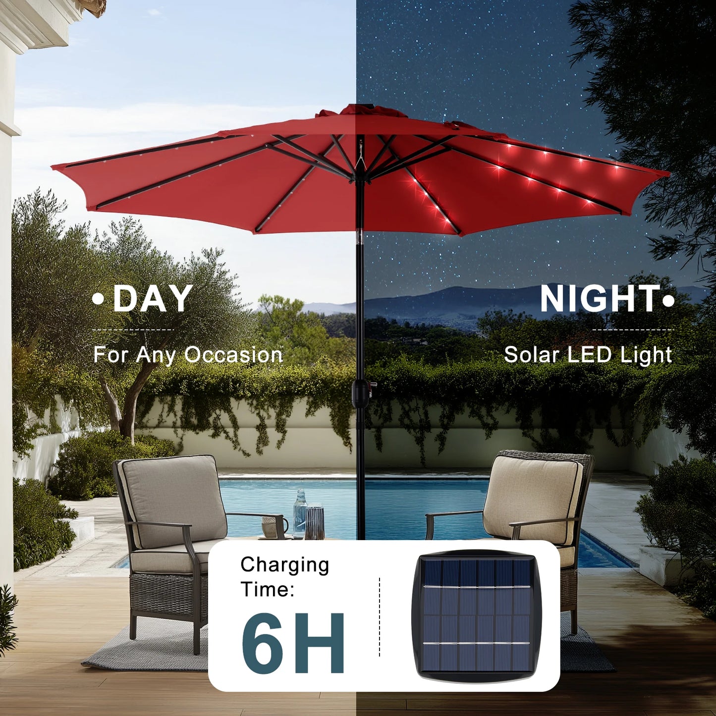 0FT Solar Patio Umbrella with 32 LED Lights