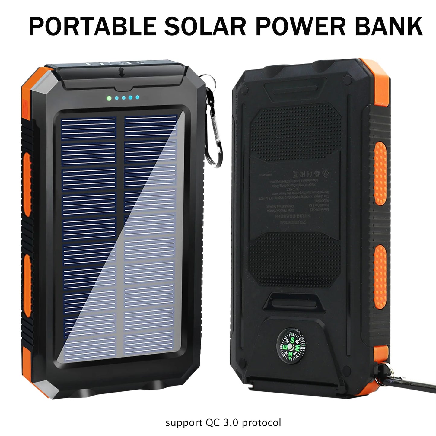 Solar Power Bank Dual 5V USB Ports 2 LED Flashlight