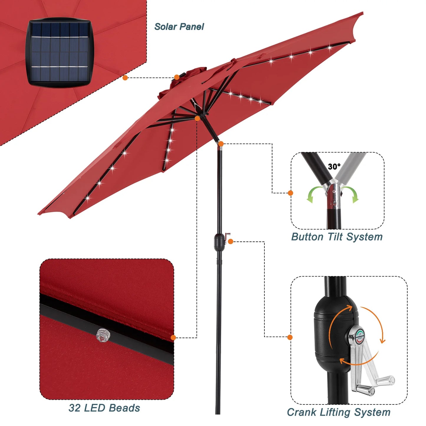0FT Solar Patio Umbrella with 32 LED Lights